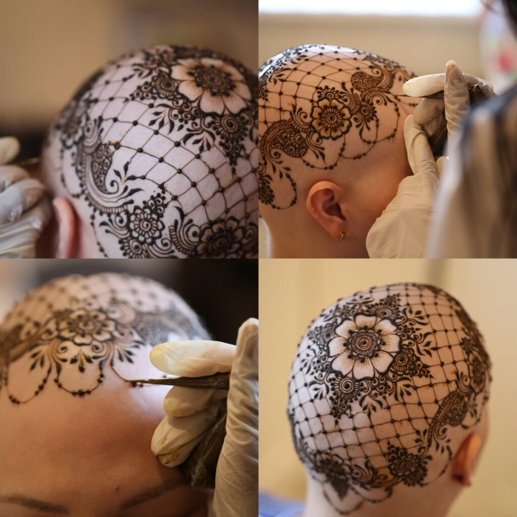 This image shows four photographs in a grid. The photographs are of Claire when she was a cancer patient getting a henna crown treatment onto her scalp, as she had no hair.