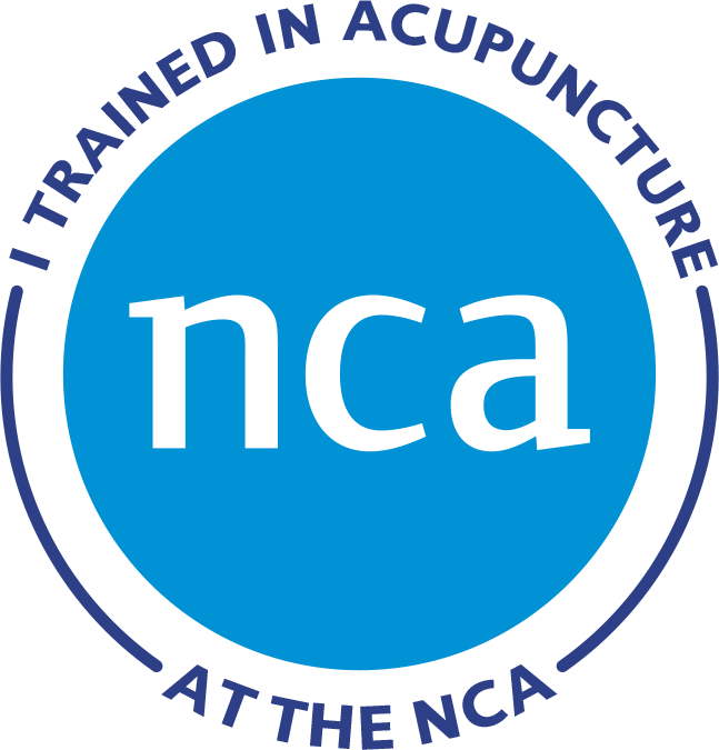 Logo "I trained in acupuncture at the NCA" with NCA in blue in the middle.