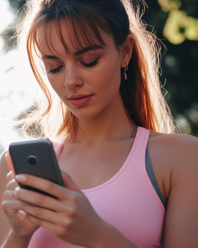 young woman with fair hair in a pink running vest, looking at her phone checking fertility apps